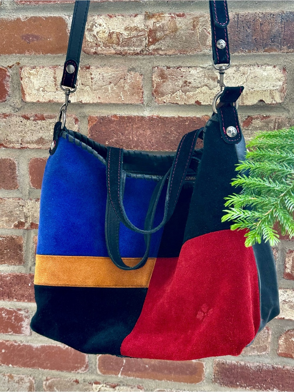 Patricia Nash Colorblock Leather Shoulder Bag Black Blue Red Tan